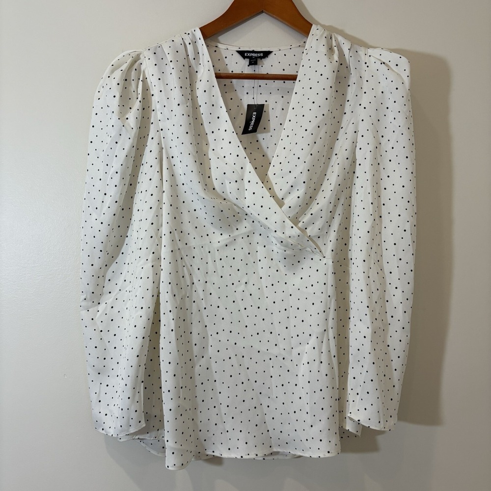 Express Womens Top Medium White Polka Dot Draped Wrapped Career Retro Y2K